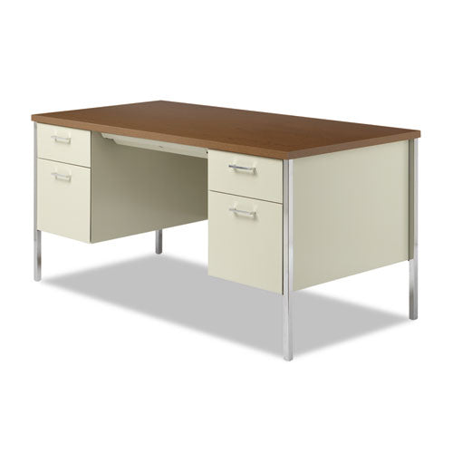 Image of Alera® Double Pedestal Steel Desk, 60" x 30" x 29.5", Cherry/Putty, Chrome-Plated Legs