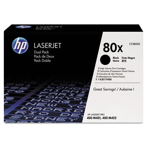 Image of HP HP 80x, (cf280x-D) 2-Pack High-Yield Black Original Laserjet Toner Cartridges