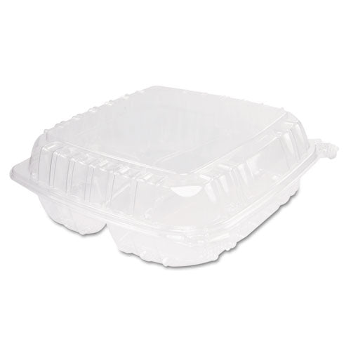 Image of Dart® ClearSeal Hinged-Lid Plastic Containers, 3 Compartments, 9.4 x 8.9 x 3, Plastic, 100/Bag, 2 Bags/Carton