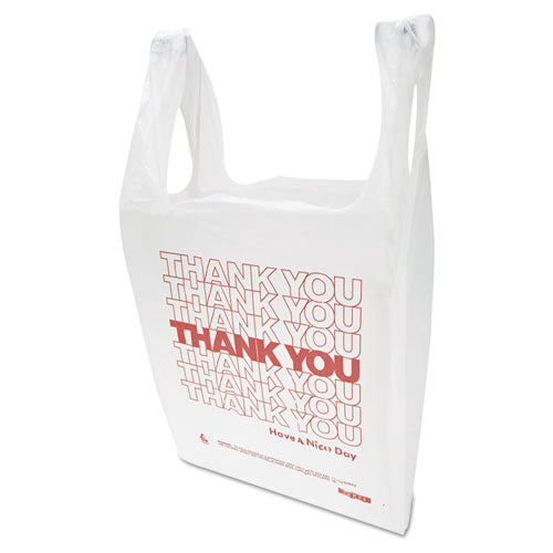 Image of Inteplast Group Thank You Handled T-Shirt Bag, Have a Nice Day Labeling, Cut-Out Handles, 11.5" x 6.5" x 21", White/Red, 900/Carton