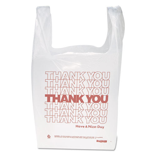 Image of Inteplast Group Thank You Handled T-Shirt Bag, Have a Nice Day Labeling, Cut-Out Handles, 11.5" x 6.5" x 21", White/Red, 900/Carton