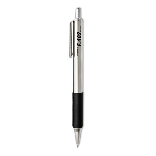 Image of Zebra® F-402 Ballpoint Pen, Retractable, Fine 0.7 Mm, Black Ink, Stainless Steel/black Barrel, 2/pack