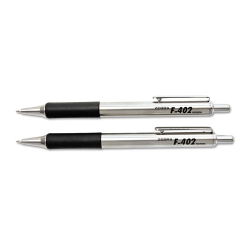 Image of Zebra® F-402 Ballpoint Pen, Retractable, Fine 0.7 Mm, Black Ink, Stainless Steel/black Barrel, 2/pack