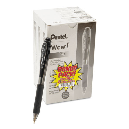 Image of Pentel® WOW! Ballpoint Pen Value Pack, Retractable, Medium 1 mm, Black Ink, Smoke/Black Barrel, 36/Pack