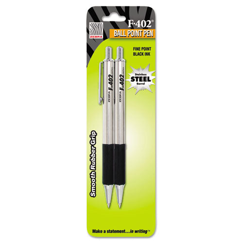 Image of Zebra® F-402 Ballpoint Pen, Retractable, Fine 0.7 Mm, Black Ink, Stainless Steel/black Barrel, 2/pack