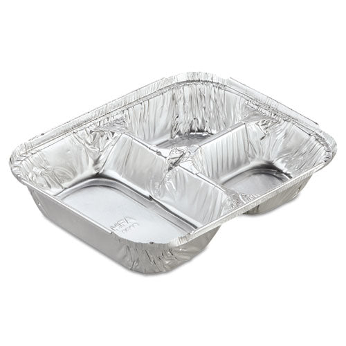Image of HFA® Aluminum Oblong Container with Lid, 3 Compartments, 24 oz, 8.5 x 6.38 x 1.47, Silver, 250/Carton
