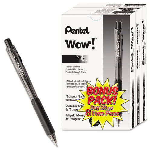 Image of Pentel® WOW! Ballpoint Pen Value Pack, Retractable, Medium 1 mm, Black Ink, Smoke/Black Barrel, 36/Pack