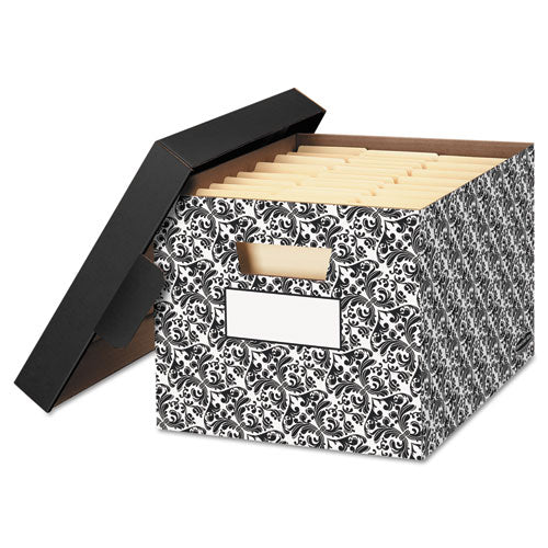 Image of Bankers Box® Stor/file Decorative Medium-Duty Storage Box, Letter/legal Files, 12.5" X 16.25" X 10.5", Black/white Brocade Design, 4/ct