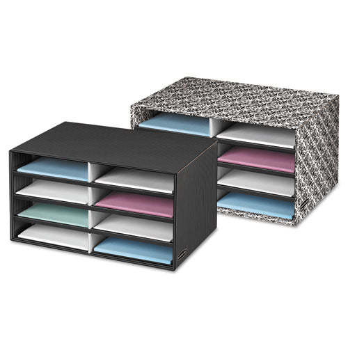 Image of Bankers Box® Decorative Sorter, 8 Letter Compartments, 19.5 x 12.38 x 10.25, Black/Gray Pinstripe
