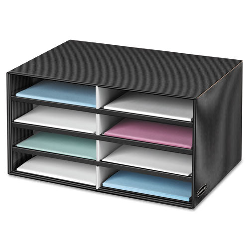 Image of Bankers Box® Decorative Sorter, 8 Letter Compartments, 19.5 x 12.38 x 10.25, Black/Gray Pinstripe