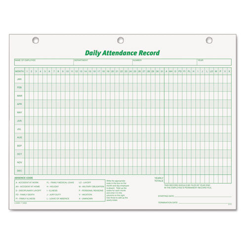 Image of TOPS Daily Attendance Card, One-Part (No Copies), 11 x 8.5, 50 Forms Total