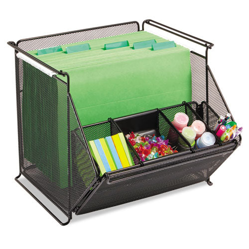 Image of Safco® Onyx Stackable Mesh Storage Bin, 4 Compartments, Steel Mesh, 14 x 15.5 x 11.75, Black
