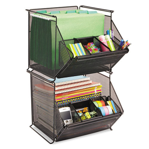 Image of Safco® Onyx Stackable Mesh Storage Bin, 4 Compartments, Steel Mesh, 14 x 15.5 x 11.75, Black