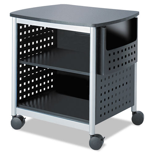 Image of Safco® Scoot Deskside Printer Stand, File Pocket, Metal, 3 Shelves, 1 Bin, 200 lb Capacity, 26.5 x 20.5 x 26.5, Black/Silver