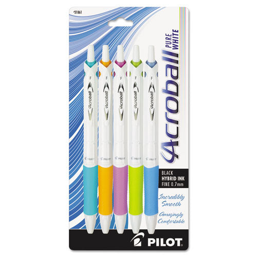 Image of Pilot® Acroball PureWhite Advanced Ink Hybrid Gel Pen, Retractable, Fine 0.7 mm, Black Ink, Assorted Barrel Colors, 5/Pack