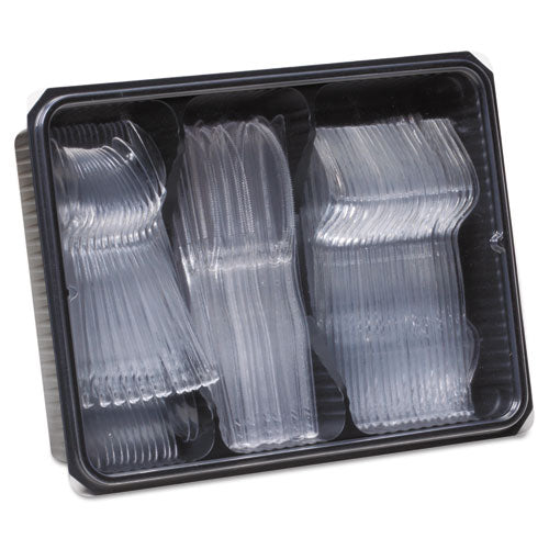 Image of Dixie® Cutlery Keeper Tray with Clear Plastic Utensils, Heavyweight, Fork/Knife/Spoon, Plastic, Crystal Clear, 1,800/Carton