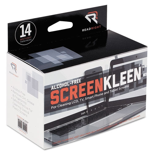 Image of Read Right® ScreenKleen Alcohol-Free Wipes, Cloth, 5 x 5, Unscented, 14/Box
