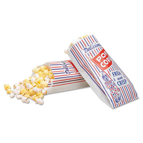 Image of Bagcraft Pinch-Bottom Paper Popcorn Bag, Delicious Popcorn: Circus Clown Icon Labeling, 4" x 1.5" x 8", Red/White/Blue, 1,000/Carton