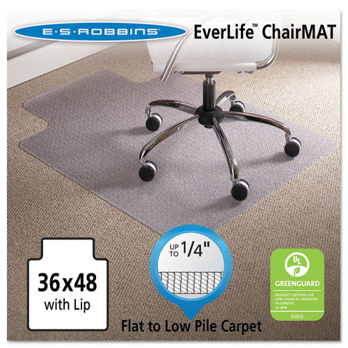 Image of ES Robbins® EverLife Light Use Chair Mat for Flat to Low Pile Carpet, Rectangular with Lip, 36 x 48, Clear