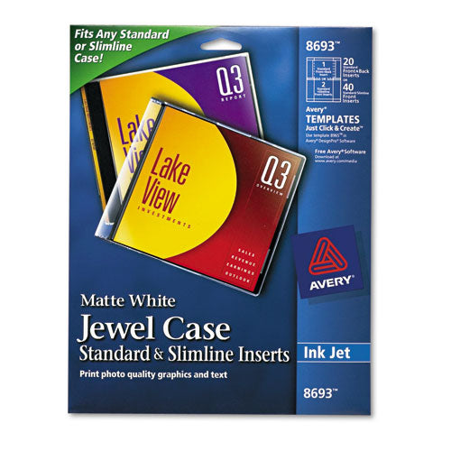 Image of Avery® Inkjet Cd/dvd Jewel Case Inserts, Matte White, 20/pack