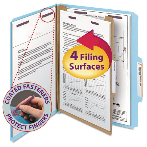 Image of Smead Four-Section Pressboard Top Tab Classification Folders, Four SafeSHIELD Fasteners, 1 Divider, Letter Size, Blue, 10/Box