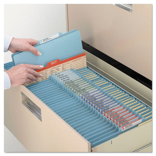 Image of Smead Four-Section Pressboard Top Tab Classification Folders, Four SafeSHIELD Fasteners, 1 Divider, Letter Size, Blue, 10/Box