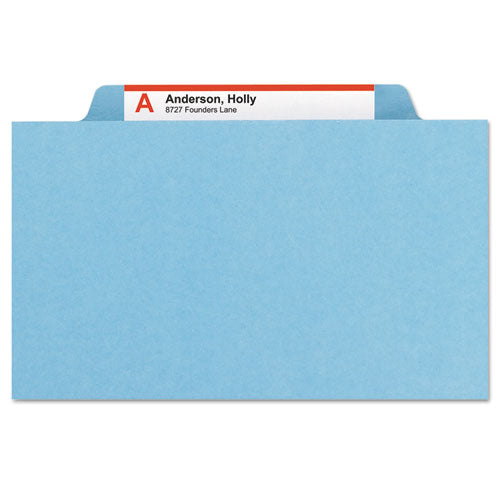 Image of Smead Four-Section Pressboard Top Tab Classification Folders, Four SafeSHIELD Fasteners, 1 Divider, Letter Size, Blue, 10/Box