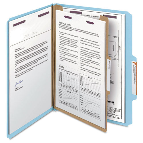Image of Smead Four-Section Pressboard Top Tab Classification Folders, Four SafeSHIELD Fasteners, 1 Divider, Letter Size, Blue, 10/Box