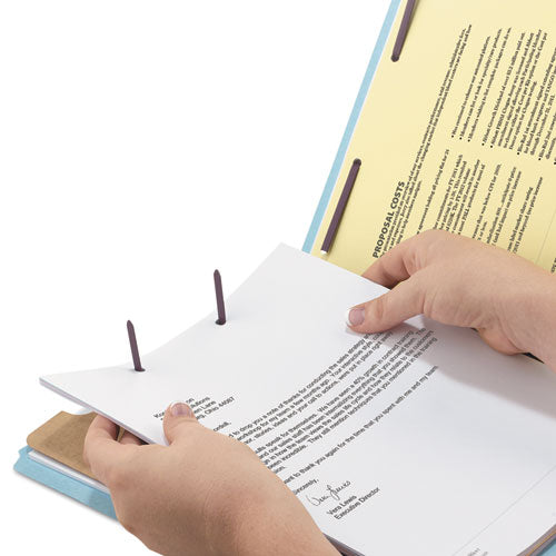 Image of Smead Four-Section Pressboard Top Tab Classification Folders, Four SafeSHIELD Fasteners, 1 Divider, Letter Size, Blue, 10/Box