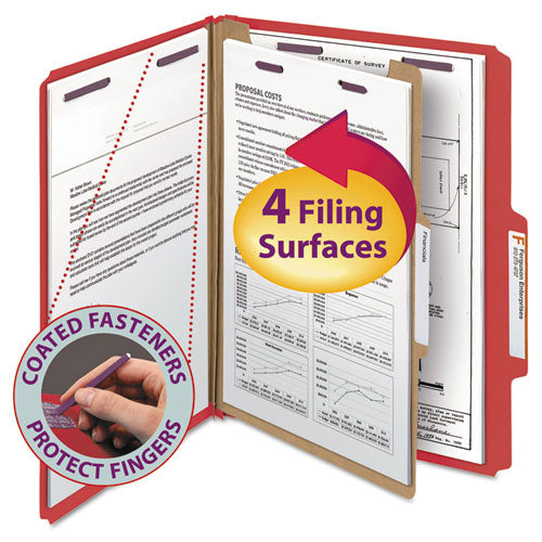 Image of Smead Four-Section Pressboard Top Tab Classification Folders, Four SafeSHIELD Fasteners, 1 Divider, Letter Size, Bright Red, 10/Box