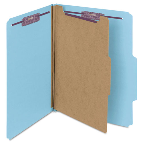 Image of Smead Four-Section Pressboard Top Tab Classification Folders, Four SafeSHIELD Fasteners, 1 Divider, Letter Size, Blue, 10/Box