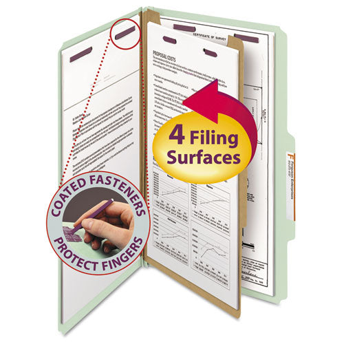 Image of Smead Pressboard Classification Folders, Four SafeSHIELD Fasteners, 2/5-Cut Tabs, 1 Divider, Legal Size, Gray-Green, 10/Box