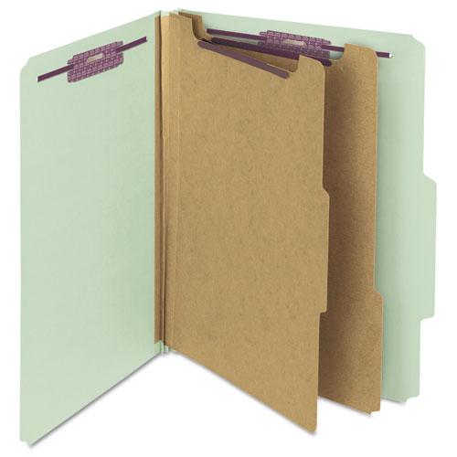 Image of Smead Pressboard Classification Folders, Six SafeSHIELD Fasteners, 2/5-Cut Tabs, 2 Dividers, Letter Size, Gray-Green, 10/Box