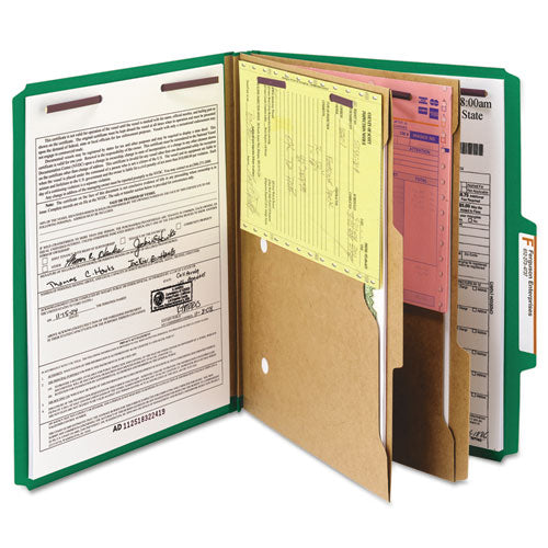 Image of Smead 6-Section Pressboard Top Tab Pocket Classification Folders, 6 SafeSHIELD Fasteners, 2 Dividers, Letter Size, Green, 10/Box