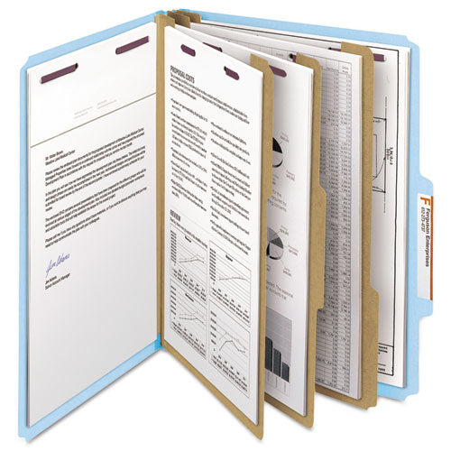 Image of Smead Pressboard Top Tab Classification Folders, Eight SafeSHIELD Fasteners, 3" Expansion, 3 Dividers, Letter Size, Blue, 10/Box