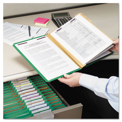 Image of Smead Eight-Section Pressboard Top Tab Classification Folders, Eight SafeSHIELD Fasteners, 3 Dividers, Letter Size, Green, 10/Box