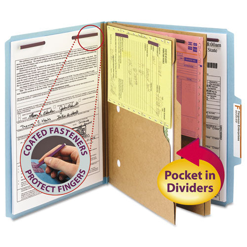 Image of Smead 6-Section Pressboard Top Tab Pocket Classification Folders, 6 SafeSHIELD Fasteners, 2 Dividers, Letter Size, Blue, 10/Box