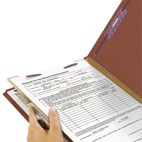 Image of Smead Pressboard Classification Folders, Four SafeSHIELD Fasteners, 2/5-Cut Tabs, 1 Divider, Letter Size, Red, 10/Box