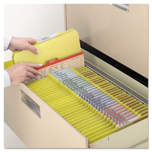 Image of Smead Six-Section Pressboard Top Tab Classification Folders, Six SafeSHIELD Fasteners, 2 Dividers, Letter Size, Yellow, 10/Box