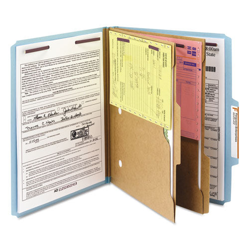 Image of Smead 6-Section Pressboard Top Tab Pocket Classification Folders, 6 SafeSHIELD Fasteners, 2 Dividers, Letter Size, Blue, 10/Box