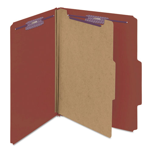 Image of Smead Pressboard Classification Folders, Four SafeSHIELD Fasteners, 2/5-Cut Tabs, 1 Divider, Letter Size, Red, 10/Box