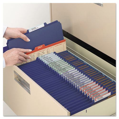 Image of Smead 6-Section Pressboard Top Tab Pocket Classification Folders, 6 SafeSHIELD Fasteners, 2 Dividers, Letter Size, Dark Blue, 10/BX