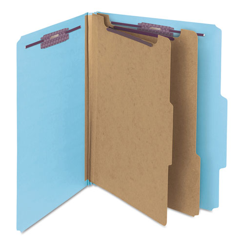 Image of Smead Six-Section Pressboard Top Tab Classification Folders, Six SafeSHIELD Fasteners, 2 Dividers, Letter Size, Blue, 10/Box