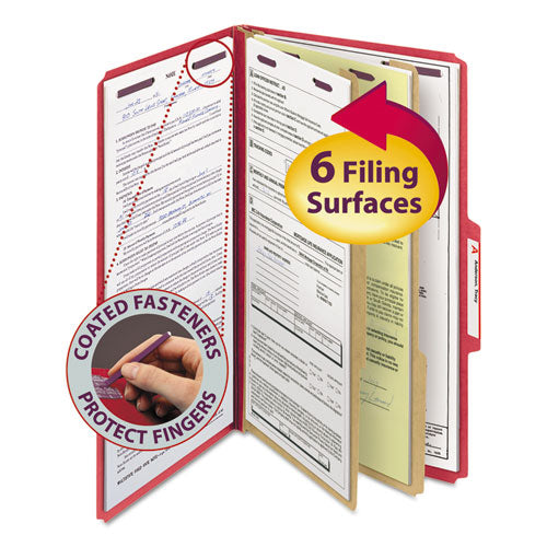 Image of Smead Six-Section Pressboard Top Tab Classification Folders, Six SafeSHIELD Fasteners, 2 Dividers, Legal Size, Bright Red, 10/Box