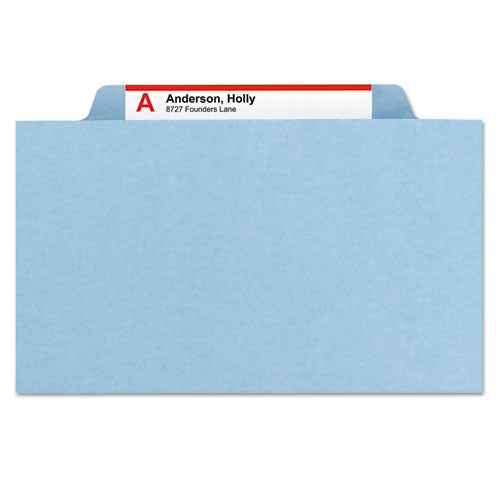 Image of Smead 6-Section Pressboard Top Tab Pocket Classification Folders, 6 SafeSHIELD Fasteners, 2 Dividers, Letter Size, Blue, 10/Box