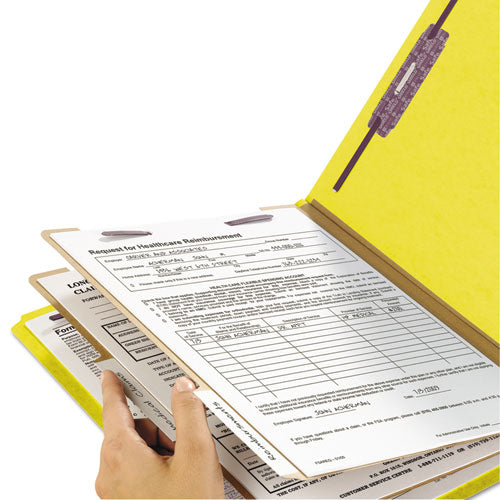 Image of Smead Six-Section Pressboard Top Tab Classification Folders, Six SafeSHIELD Fasteners, 2 Dividers, Legal Size, Yellow, 10/Box