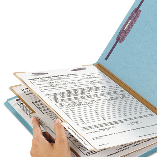 Image of Smead Six-Section Pressboard Top Tab Classification Folders, Six SafeSHIELD Fasteners, 2 Dividers, Letter Size, Blue, 10/Box