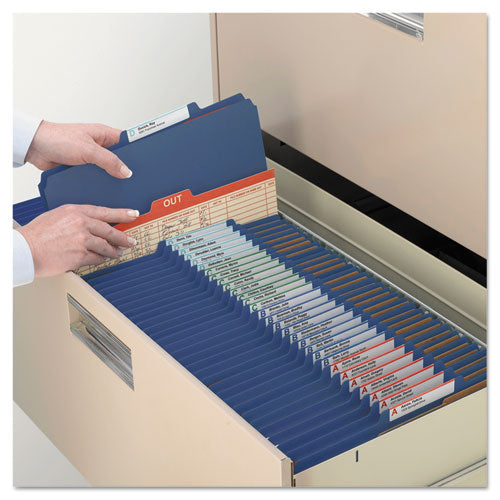 Image of Smead Six-Section Pressboard Top Tab Classification Folders, Six SafeSHIELD Fasteners, 2 Dividers, Letter Size, Dark Blue, 10/Box