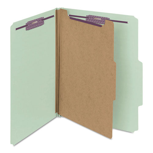 Image of Smead Pressboard Classification Folders, Four SafeSHIELD Fasteners, 2/5-Cut Tabs, 1 Divider, Letter Size, Gray-Green, 10/Box