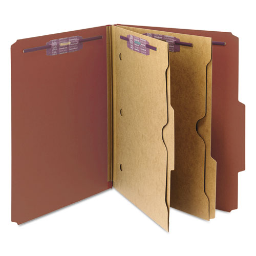 Image of Smead 6-Section Pressboard Top Tab Pocket Classification Folders, 6 SafeSHIELD Fasteners, 2 Dividers, Letter Size, Red, 10/Box